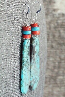 Turquoise, Coral & Sterling Silver Earrings - Lupe Lovato