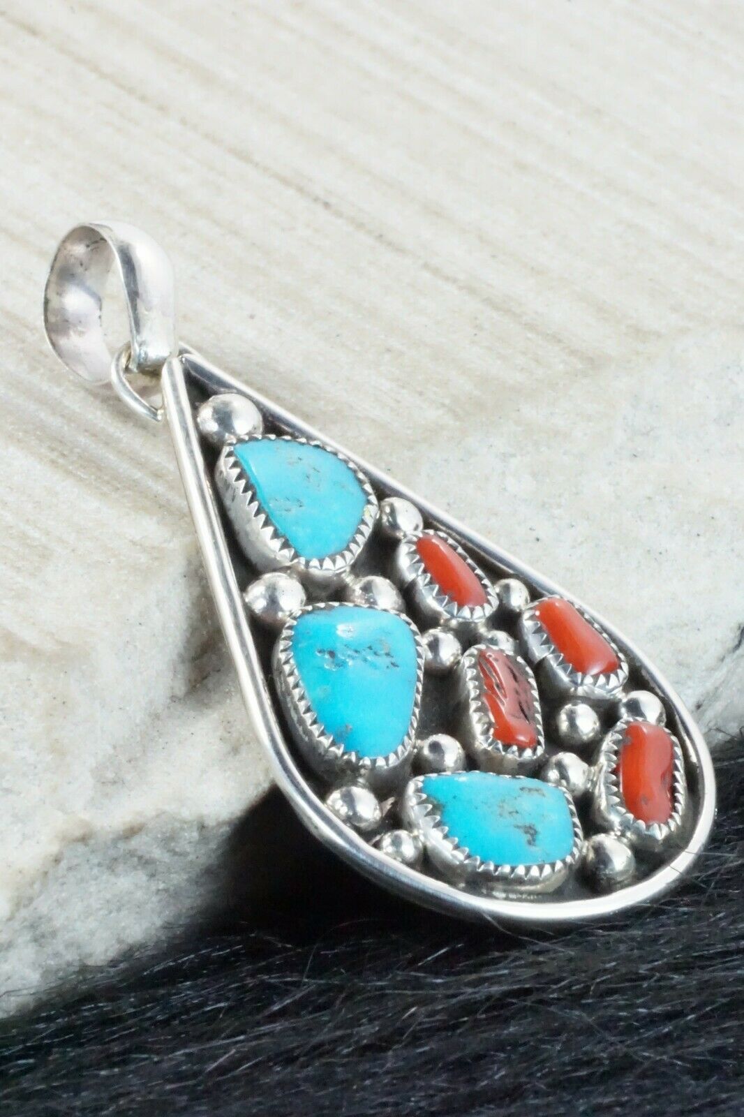 Turquoise, Coral and Sterling Silver Pendant - Priscilla Reeder