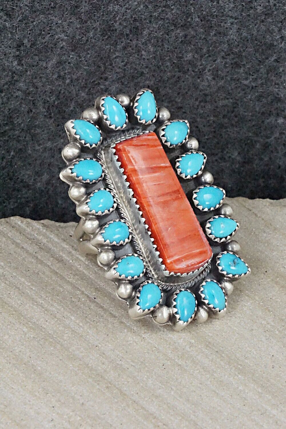 Turquoise, Spiny Oyster & Sterling Silver Ring - Tom Lewis - Size 7.25