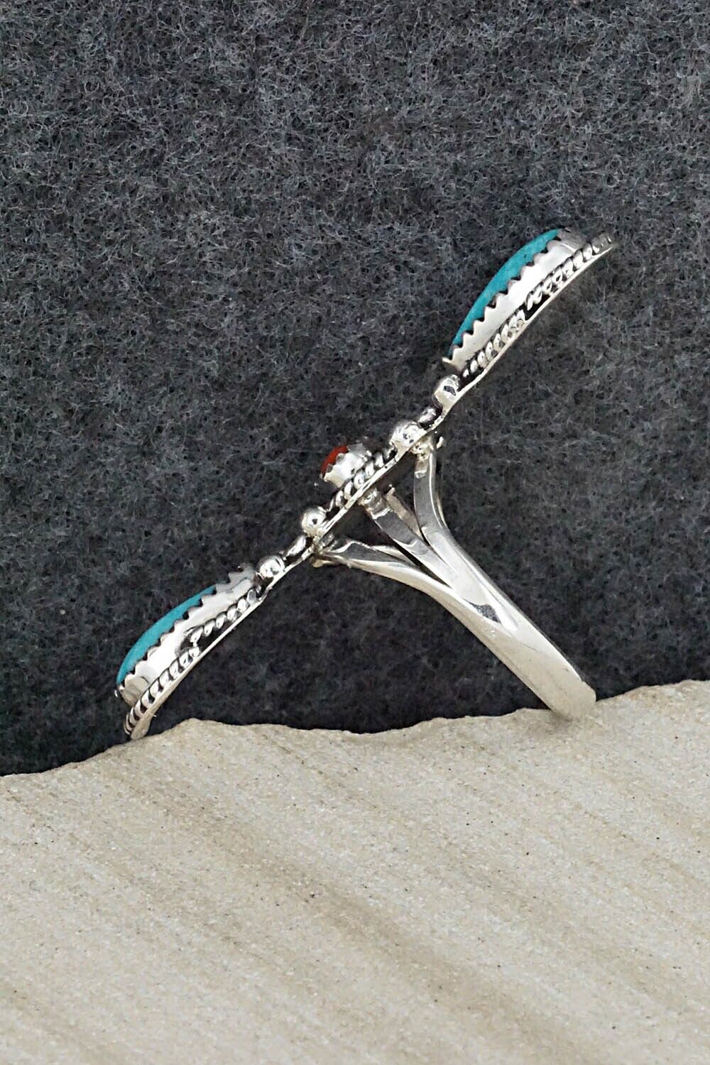 Turquoise, Coral & Sterling Silver Ring - Andrew Vandever - Size 6.5
