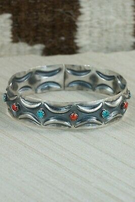 Navajo Turquoise, Coral & Sterling Silver Bangle Cuff - Tim Yazzie
