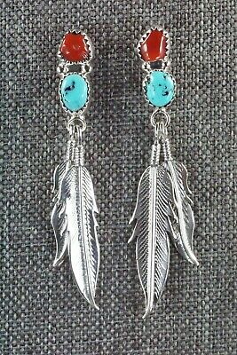 Navajo Turquoise, Coral & Sterling Silver Earrings - Annie Spencer