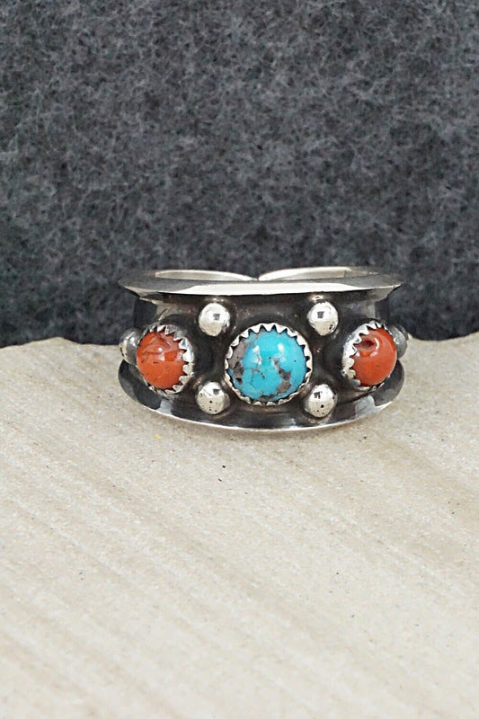 Turquoise, Coral & Sterling Silver Ring - Paul Largo - Size 9.5