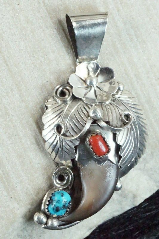 Turquoise, Coral & Sterling Silver Pendant - Jerry Thompson