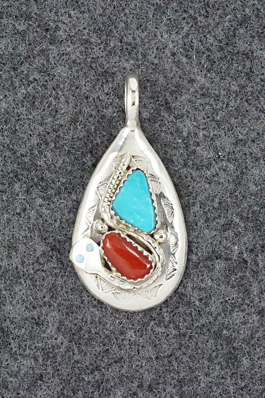 Turquoise, Coral and Sterling Silver Pendant - Joy Calavaza