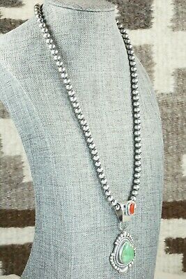 Turquoise, Coral Pendant & Sterling Silver Necklace - Tom Lewis