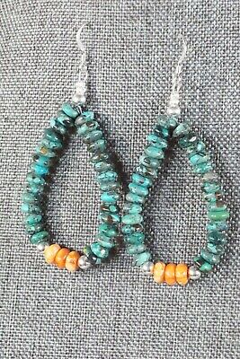 Navajo Turquoise, Spiny Oyster & Sterling Silver Earrings - Native American