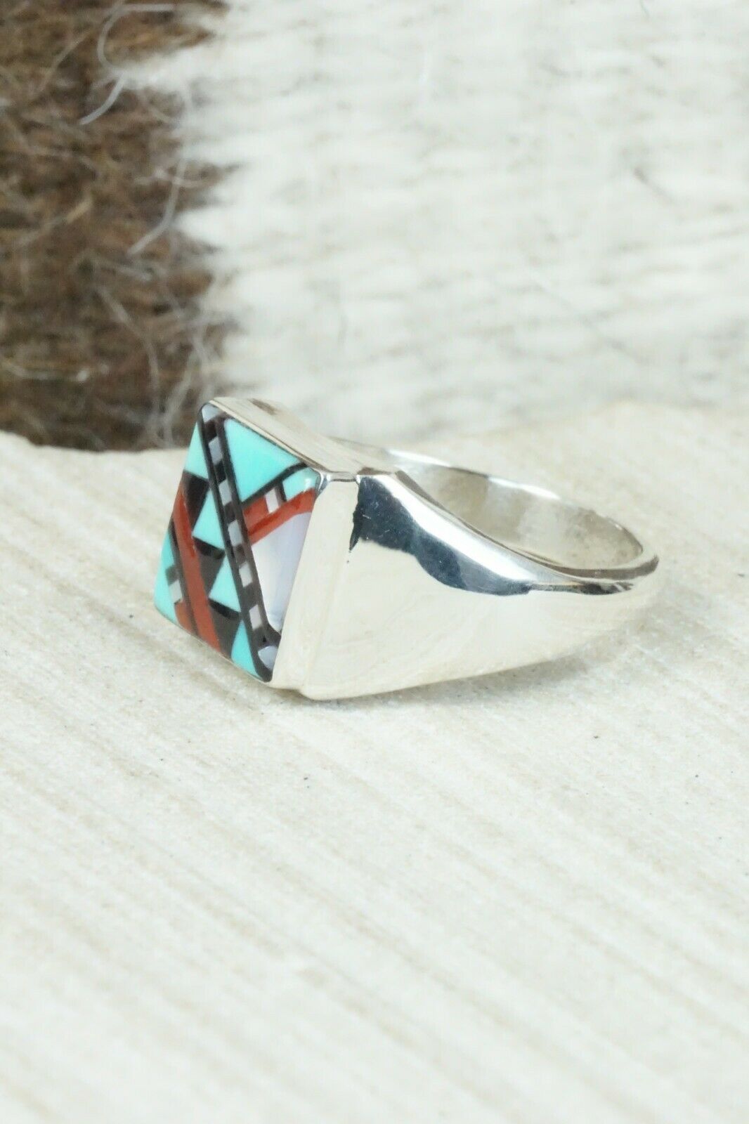 Multi Stone & Sterling Silver Ring - Herbert Kallestewa - Size 9.5
