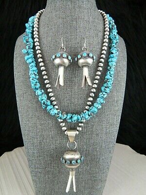Navajo Turquoise Necklace & Blossom Pendant and Earrings - Monica Smith - High Lonesome Trading