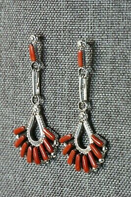 Zuni Coral & Sterling Silver Earrings - Carlene Hattie - High Lonesome Trading