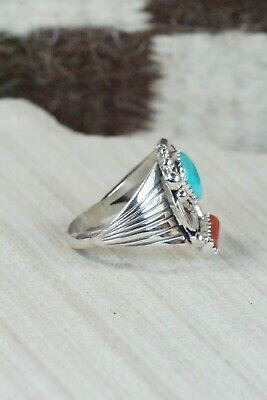Navajo Turquoise, Coral & Sterling Silver Ring - Jeanette Saunders - Size 10.75