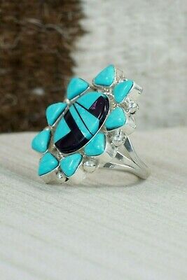 Zuni Inlay Turquoise, Jet and Sterling Silver Ring - Leslie Lamy - Size 7.75