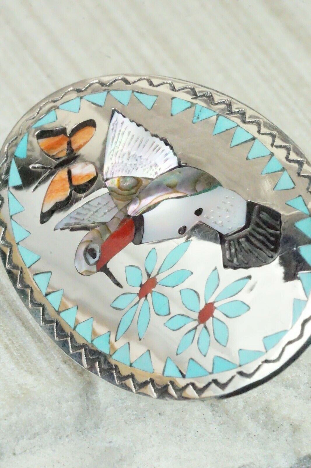 Zuni Inlay Turquoise and Sterling Silver Ring - Quintin Quam - Size 8.75 - High Lonesome Trading