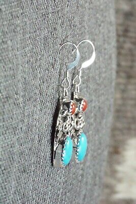 Turquoise, Coral and Sterling Silver Earrings - Roberta Begay
