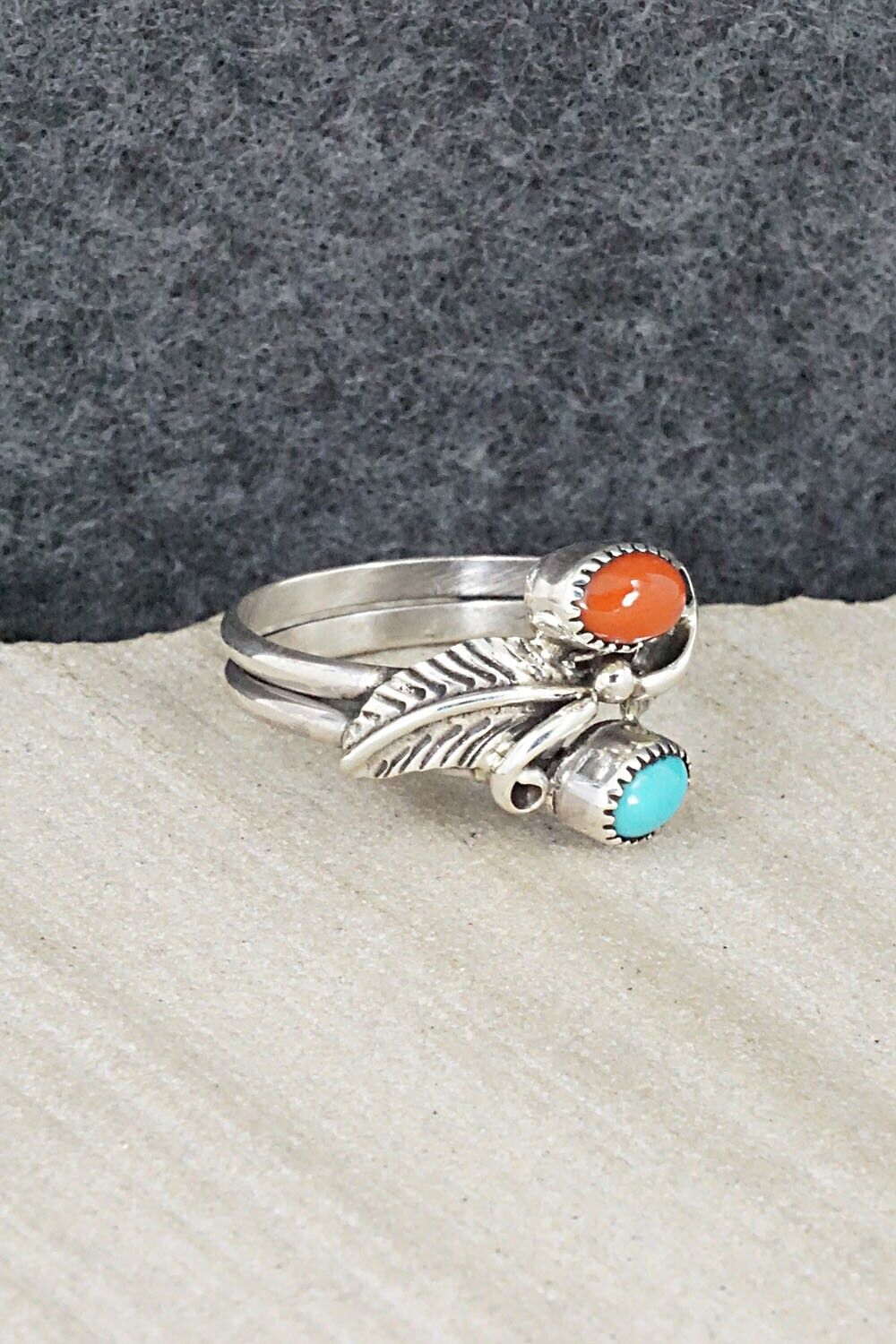 Turquoise, Coral & Sterling Silver Ring - Harry Yazzie - Size 8.25