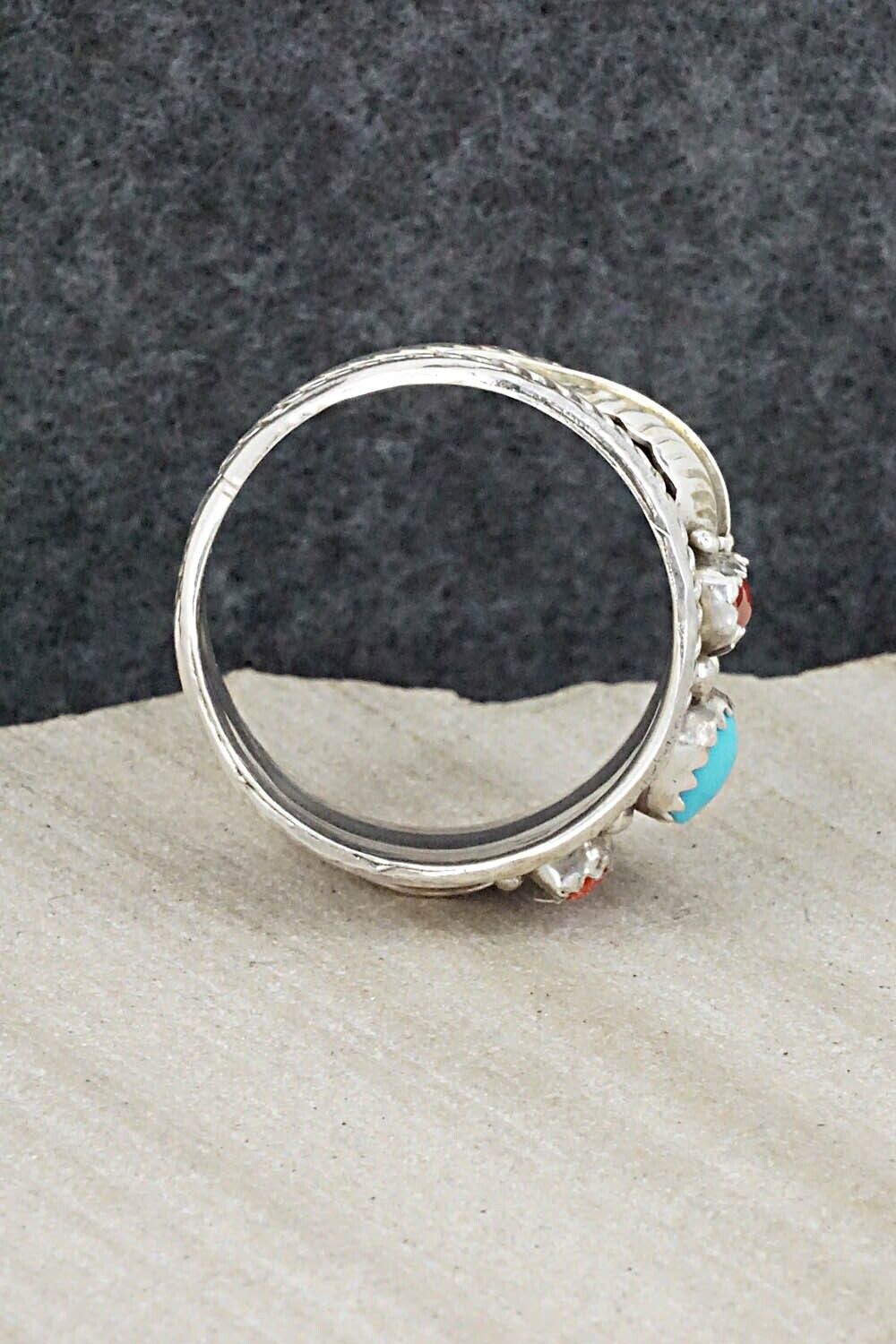 Turquoise, Coral and Sterling Silver Ring - Betty Begay - Size 11.75