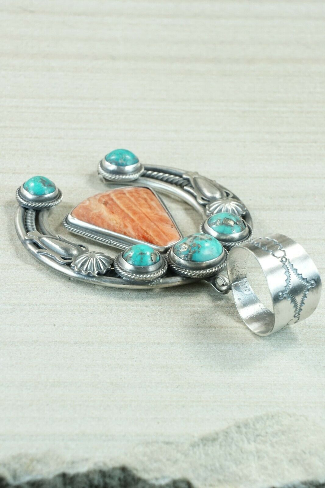 Turquoise, Spiny Oyster and Sterling Silver Pendant - Raymond Delgarito