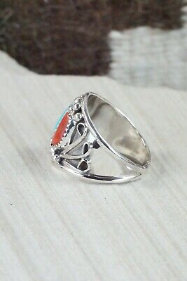 Turquoise, Coral & Sterling Silver Ring - Jeanette Saunders - Size 12