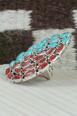 Coral, Turquoise & Sterling Silver Ring - Marlene Haley - Size 5.25