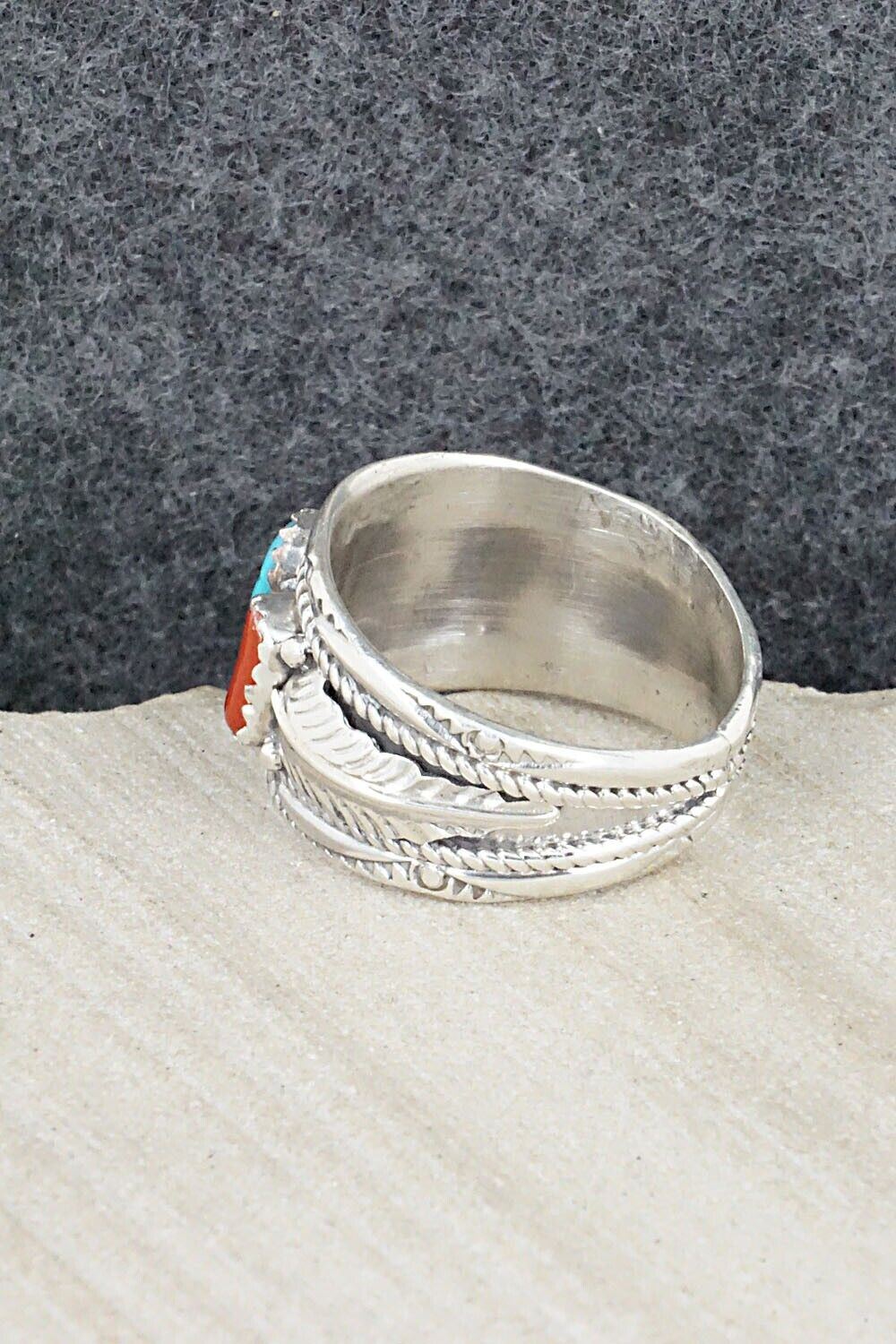 Turquoise, Coral and Sterling Silver Ring - Betty Begay - Size 10.5