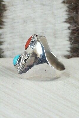 Turquoise, Coral and Sterling Silver Ring - Wilbur Myers - Size 9