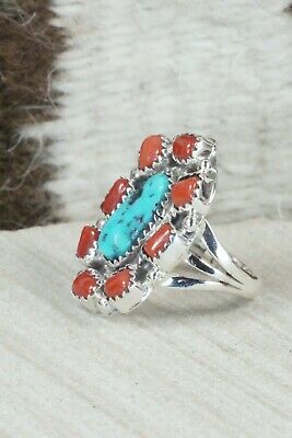Turquoise & Coral Sterling Silver Ring - Roberta Begay - Size 6.25