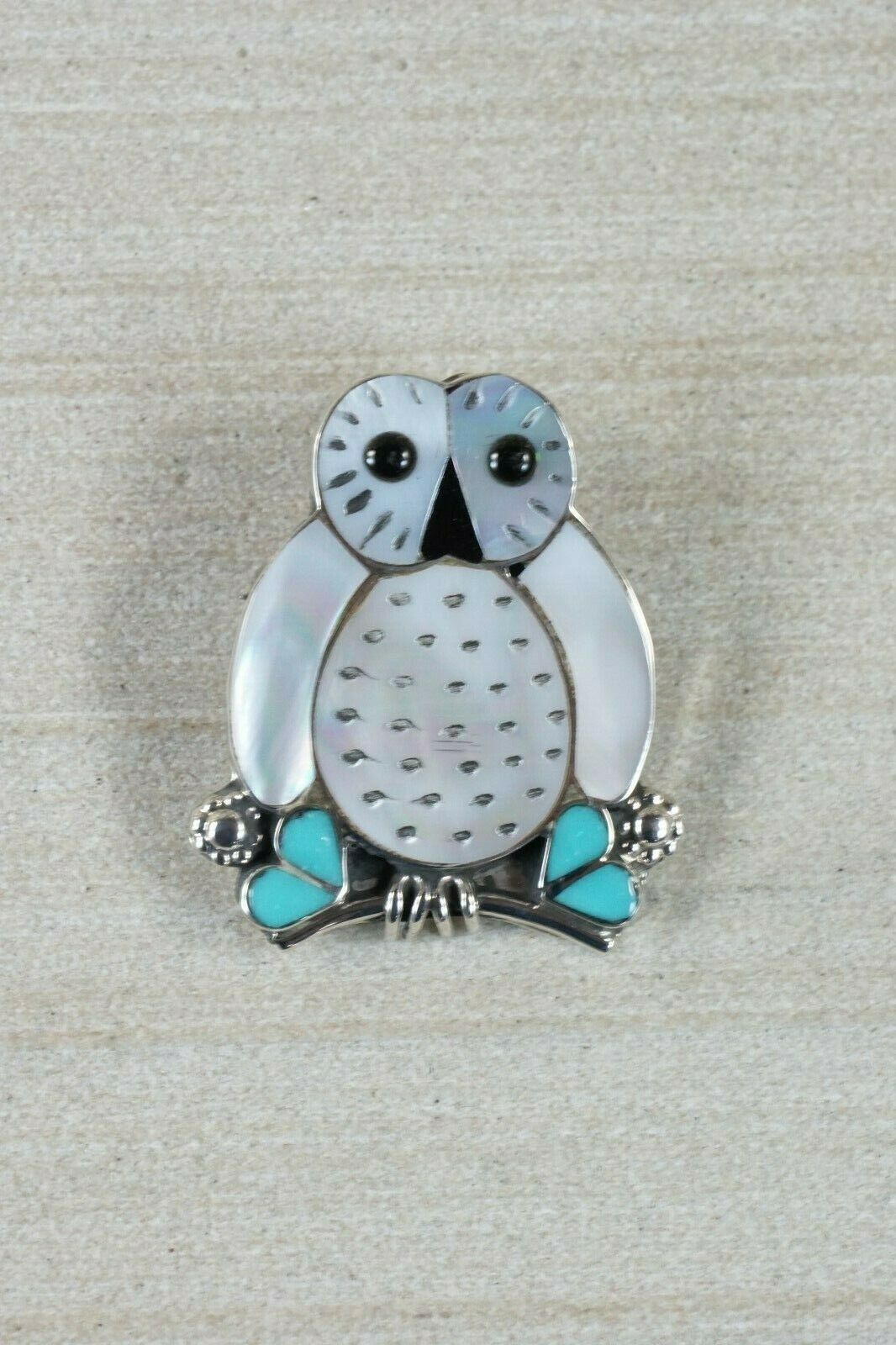 Zuni Owl Mother of Pearl and Sterling Silver Pendant/ Pin - Reginda Kallestewa - High Lonesome Trading