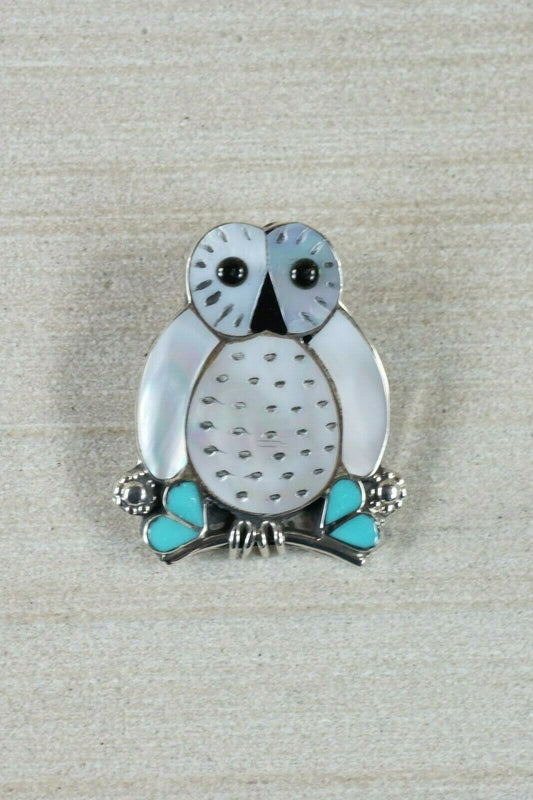 Zuni Owl Mother of Pearl and Sterling Silver Pendant/ Pin - Reginda Kallestewa - High Lonesome Trading