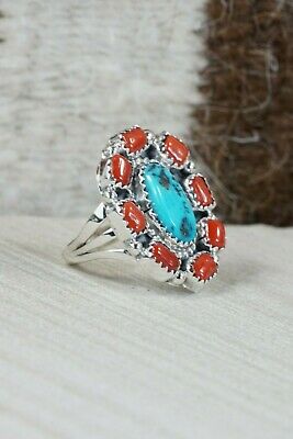 Navajo Turquoise, Coral & Sterling Silver Ring - Roberta Begay - Size 6.5
