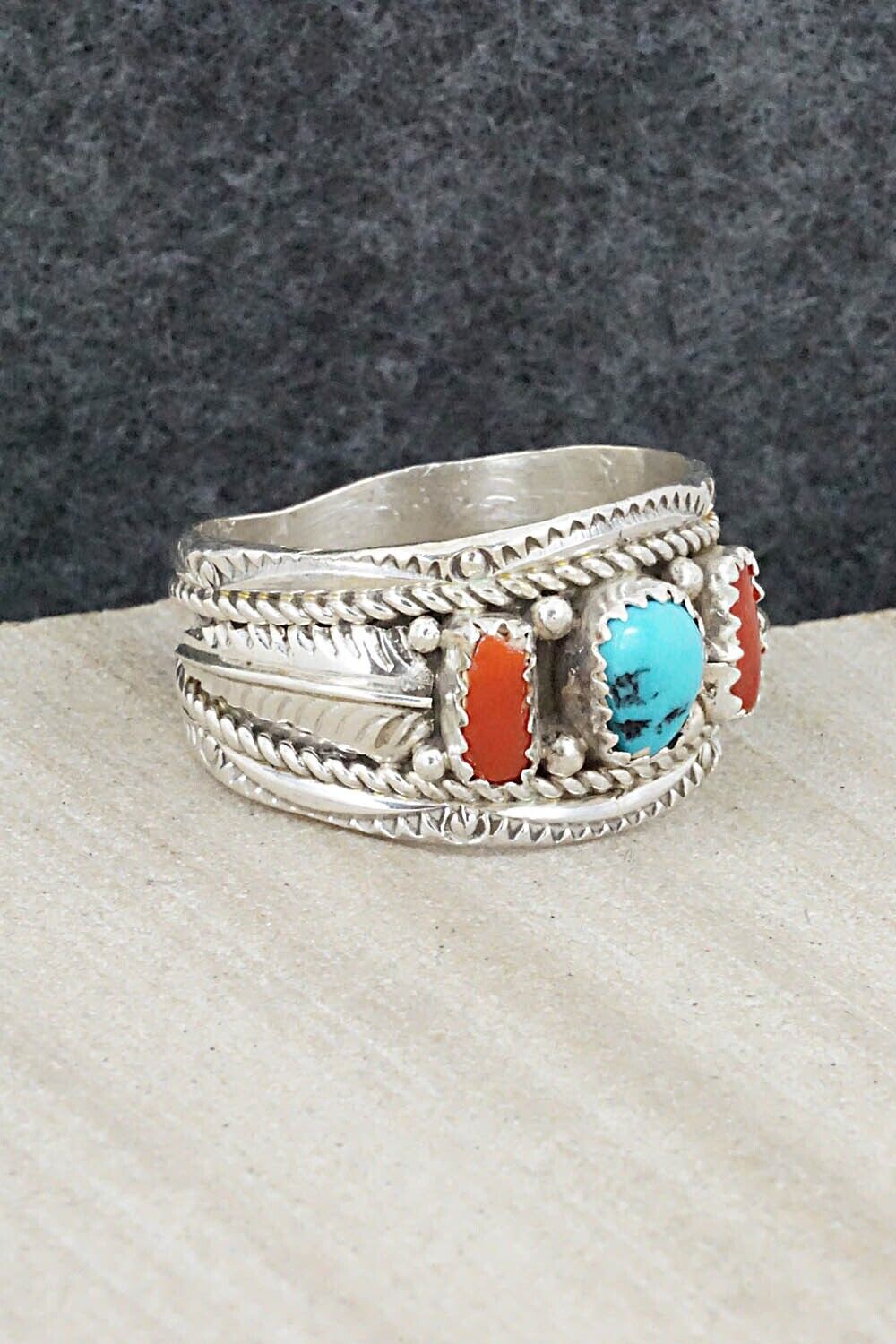 Turquoise, Coral and Sterling Silver Ring - Betty Begay - Size 11.75