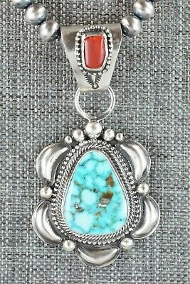 Turquoise, Coral Pendant & Sterling Silver Necklace - Tom Lewis