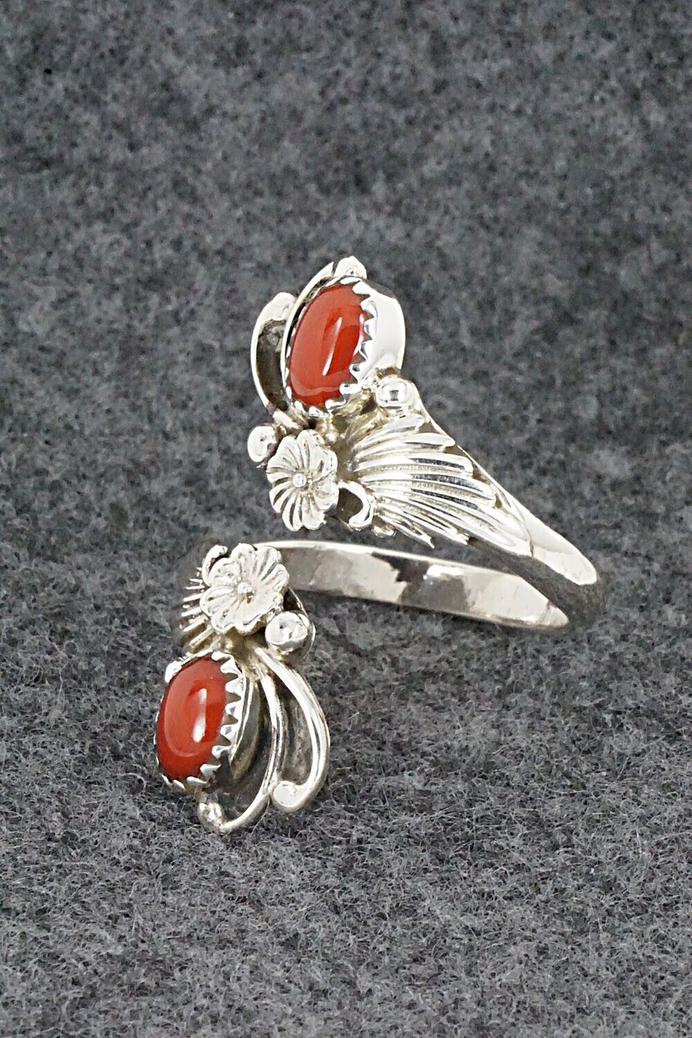 Coral and Sterling Silver Ring - Etta Belin - Size 8.5
