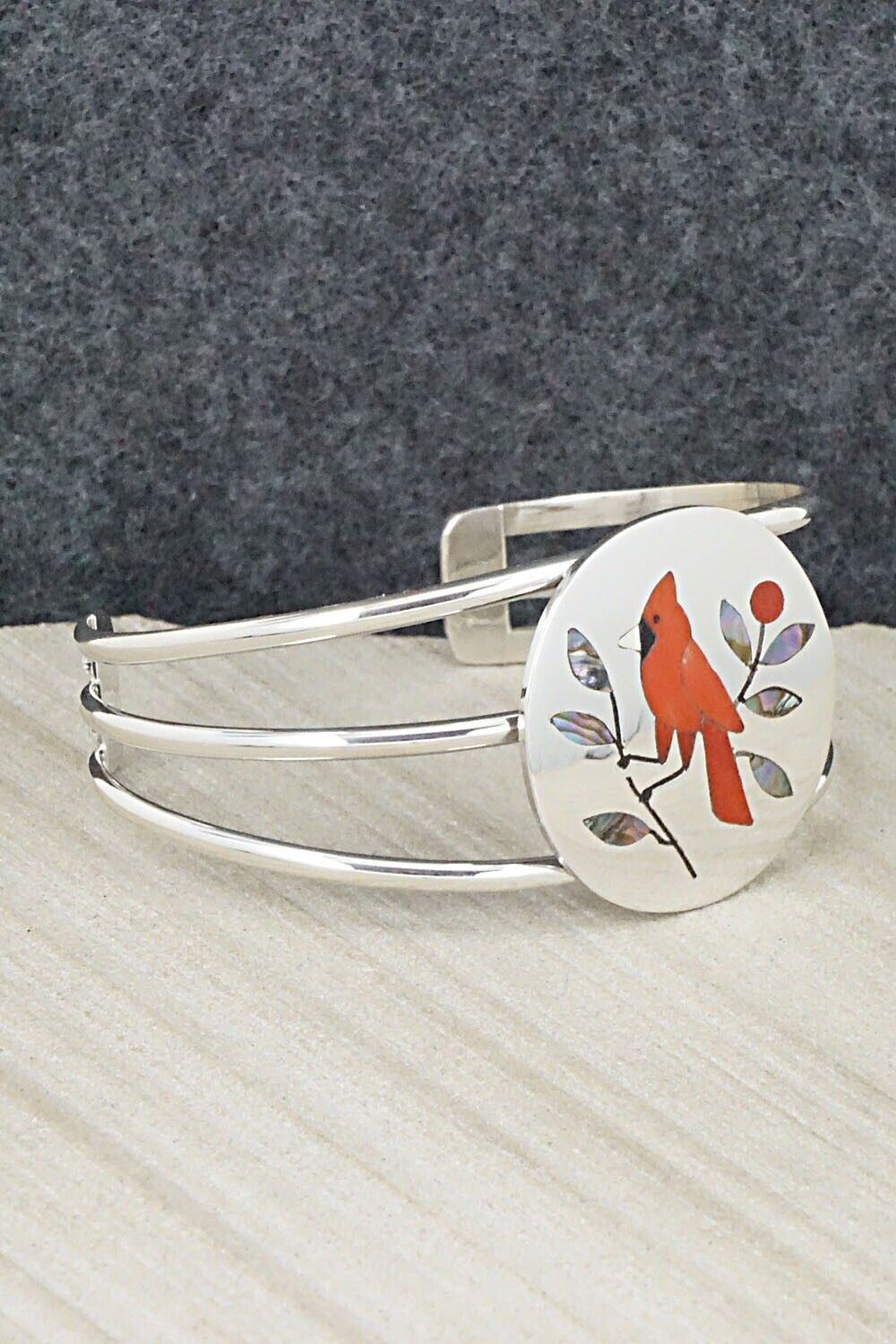 Coral, Abalone Shell & Sterling Silver Bracelet - Derrick Edaakie