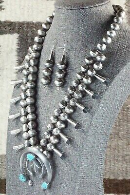Turquoise & Sterling Silver Squash Blossom and Earrings - Gilbert Martin - High Lonesome Trading