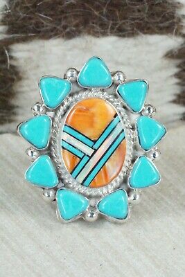 Turquoise, Spiny Oyster & Sterling Silver Ring - Leslie Lamy - Size 7.5