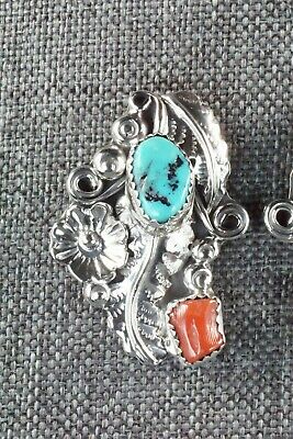 Turquoise, Coral & Sterling Silver Earrings - Harry B Yazzie