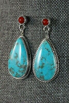 Navajo Turquoise and Coral Sterling Silver Earrings - Judy Largo - High Lonesome Trading