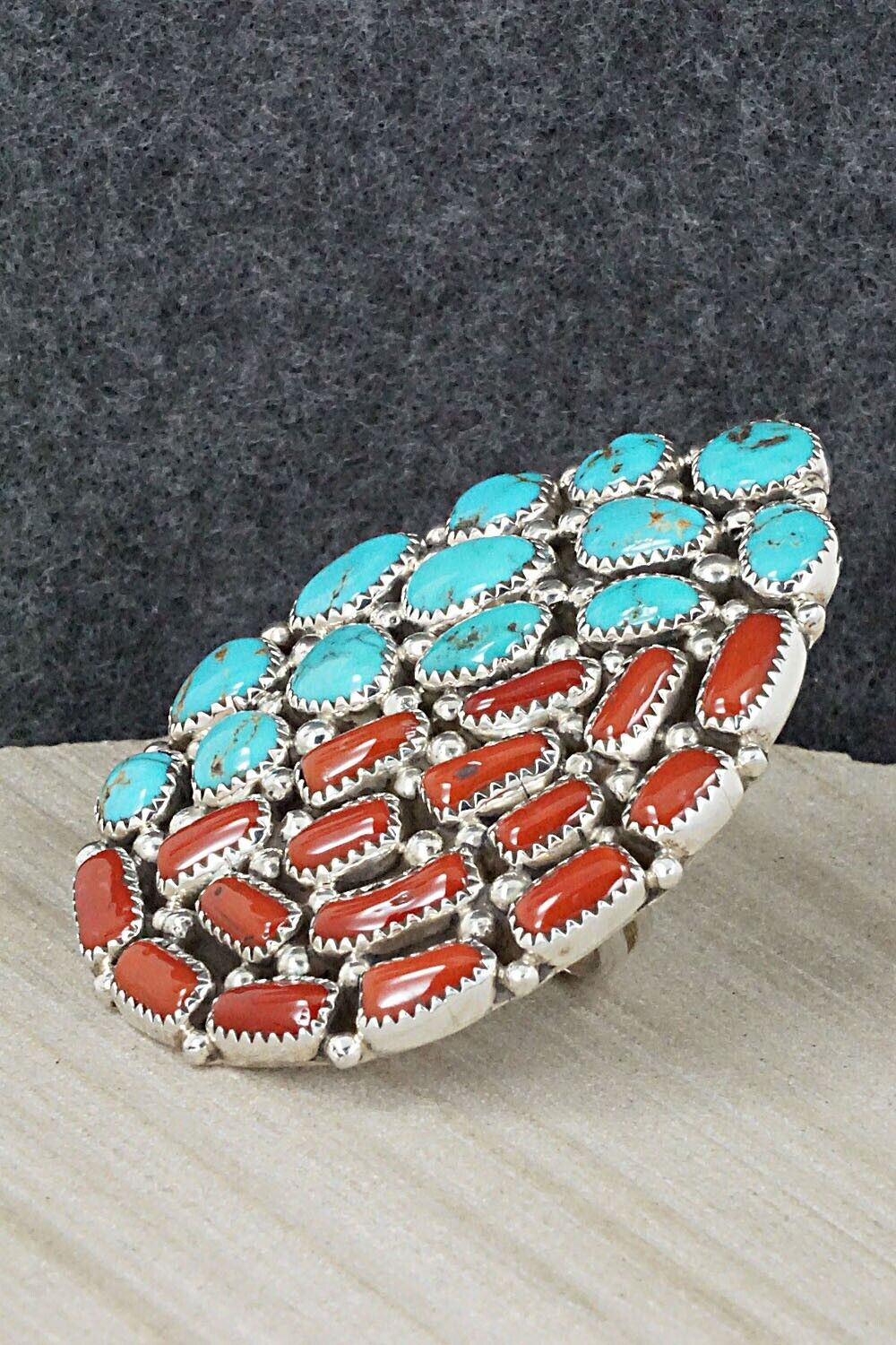 Coral, Turquoise & Sterling Silver Ring - Marlene Haley - Size 7 (adj.)