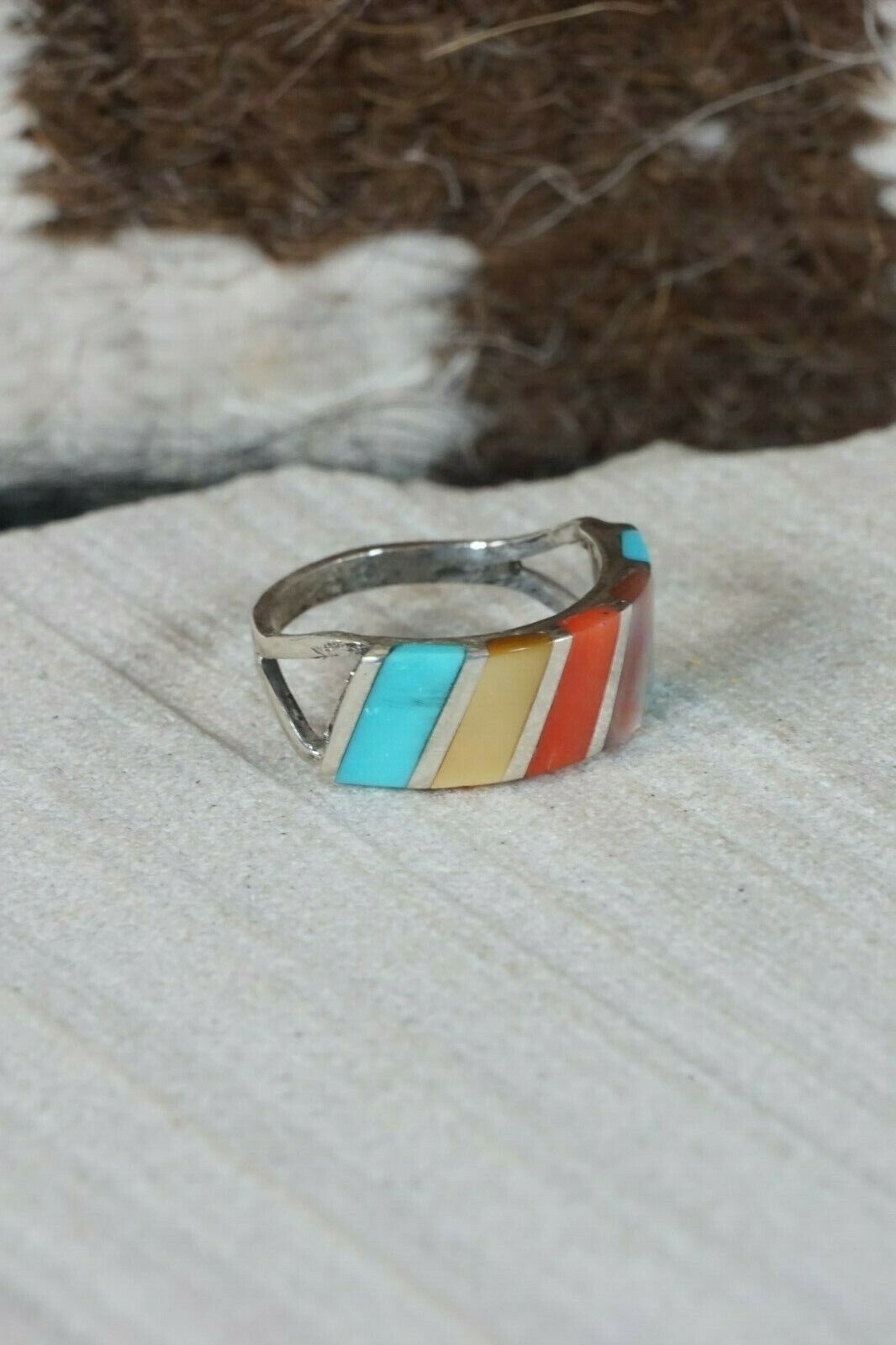 Zuni Multi- Stone and Sterling Silver Ring - Fabian Sheyka - Size 5 - High Lonesome Trading