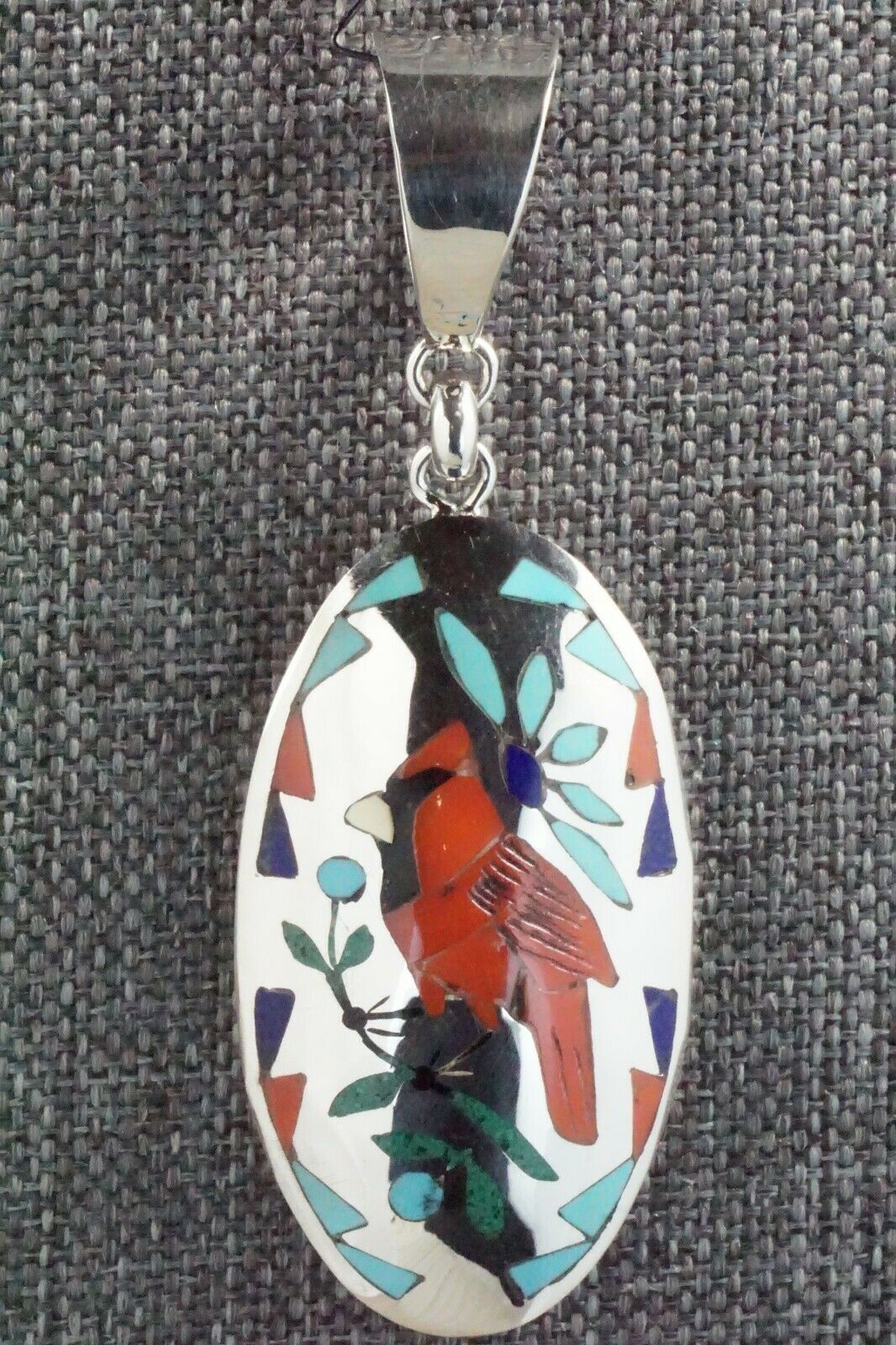 Inlay Coral Cardinal & Sterling Silver Pendant - Quintin Quam Sr