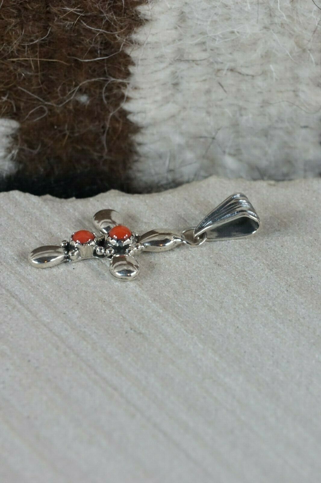 Navajo 2 Stone Coral and Sterling Silver Cross Pendant - Wendell Jake - High Lonesome Trading