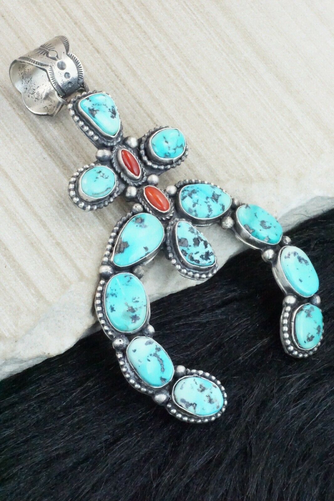 Turquoise, Coral & Sterling Silver Pendant - Shawn Cayatineto