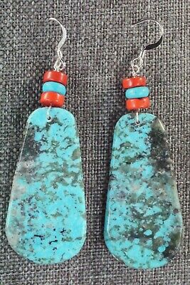 Turquoise, Coral & Sterling Silver Earrings - Lupe Lovato