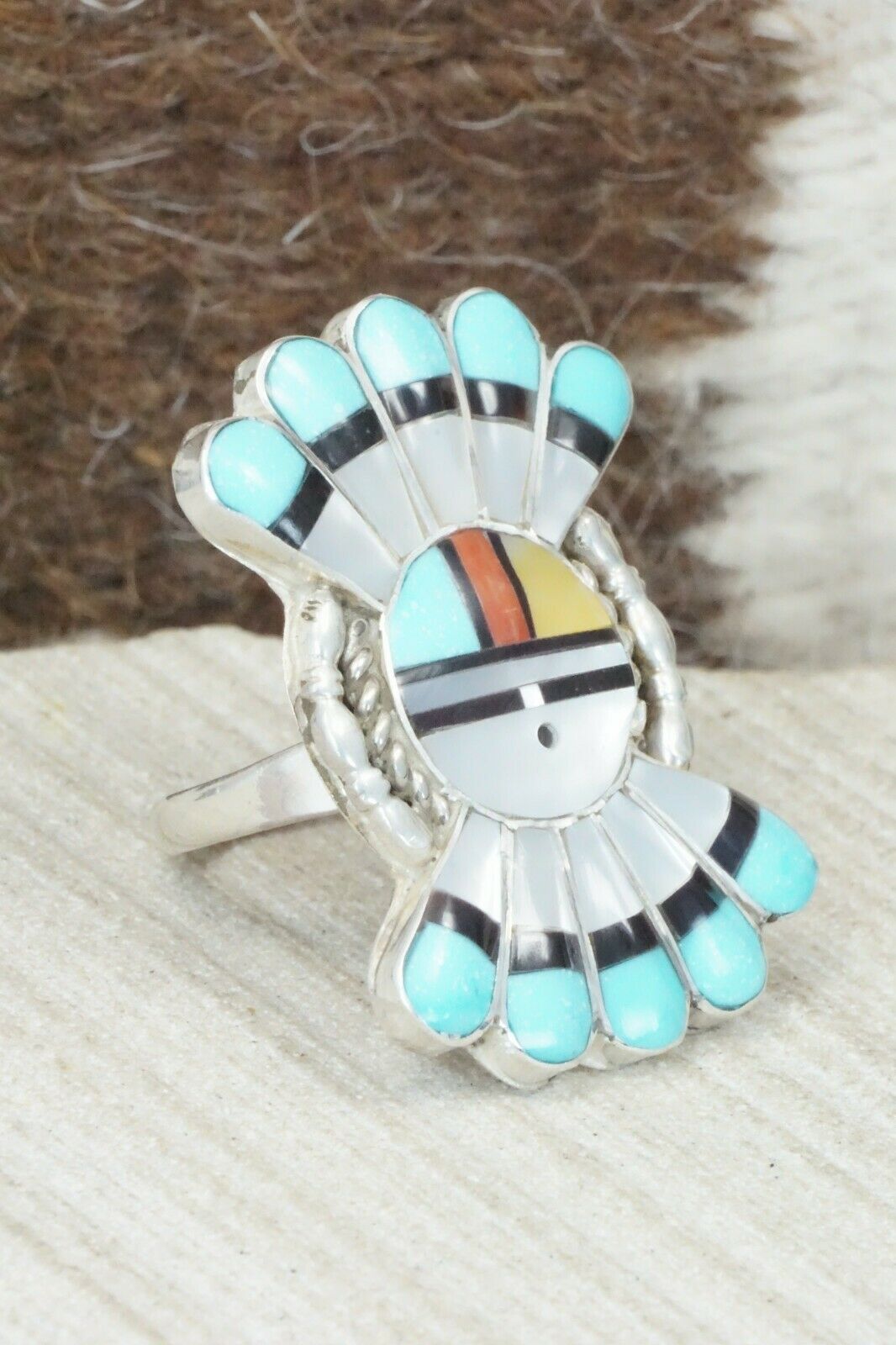 Multi Stone & Sterling Silver Inlay Ring - Verdell Niiha - Size 6.5