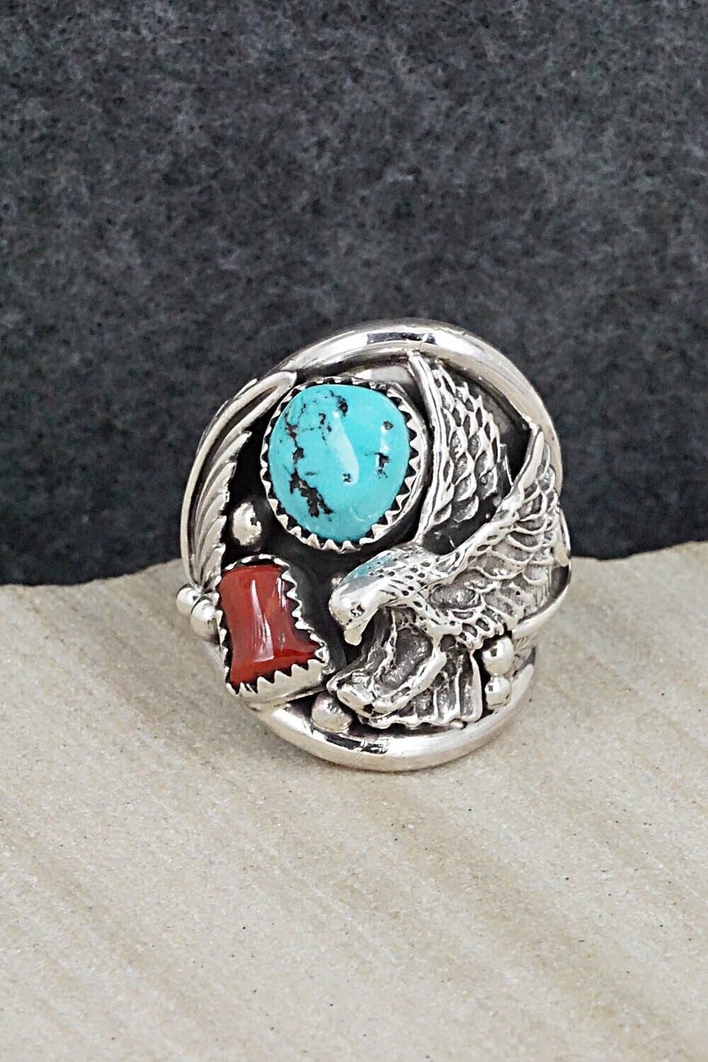 Turquoise, Coral & Sterling Silver Ring - Jeannette Saunders - Size 9.25