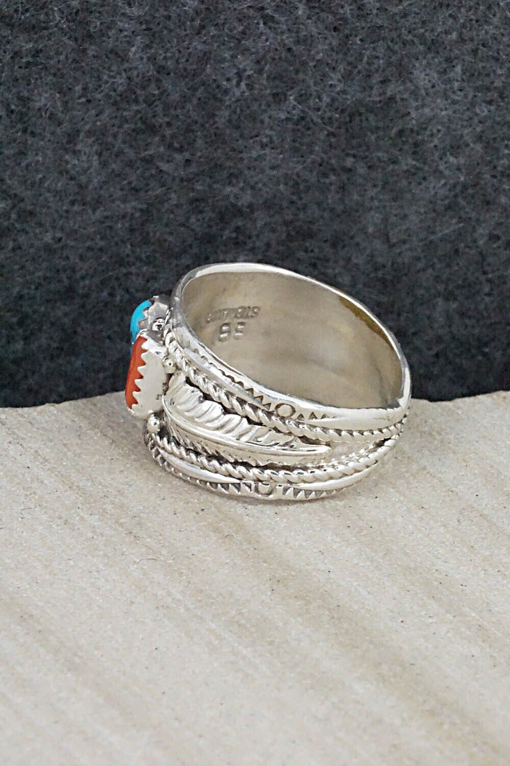 Turquoise, Coral and Sterling Silver Ring - Betty Begay - Size 9.5