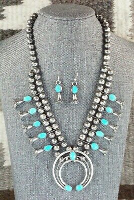 Turquoise & Sterling Silver Squash Blossom and Earrings - Leon Kirlie
