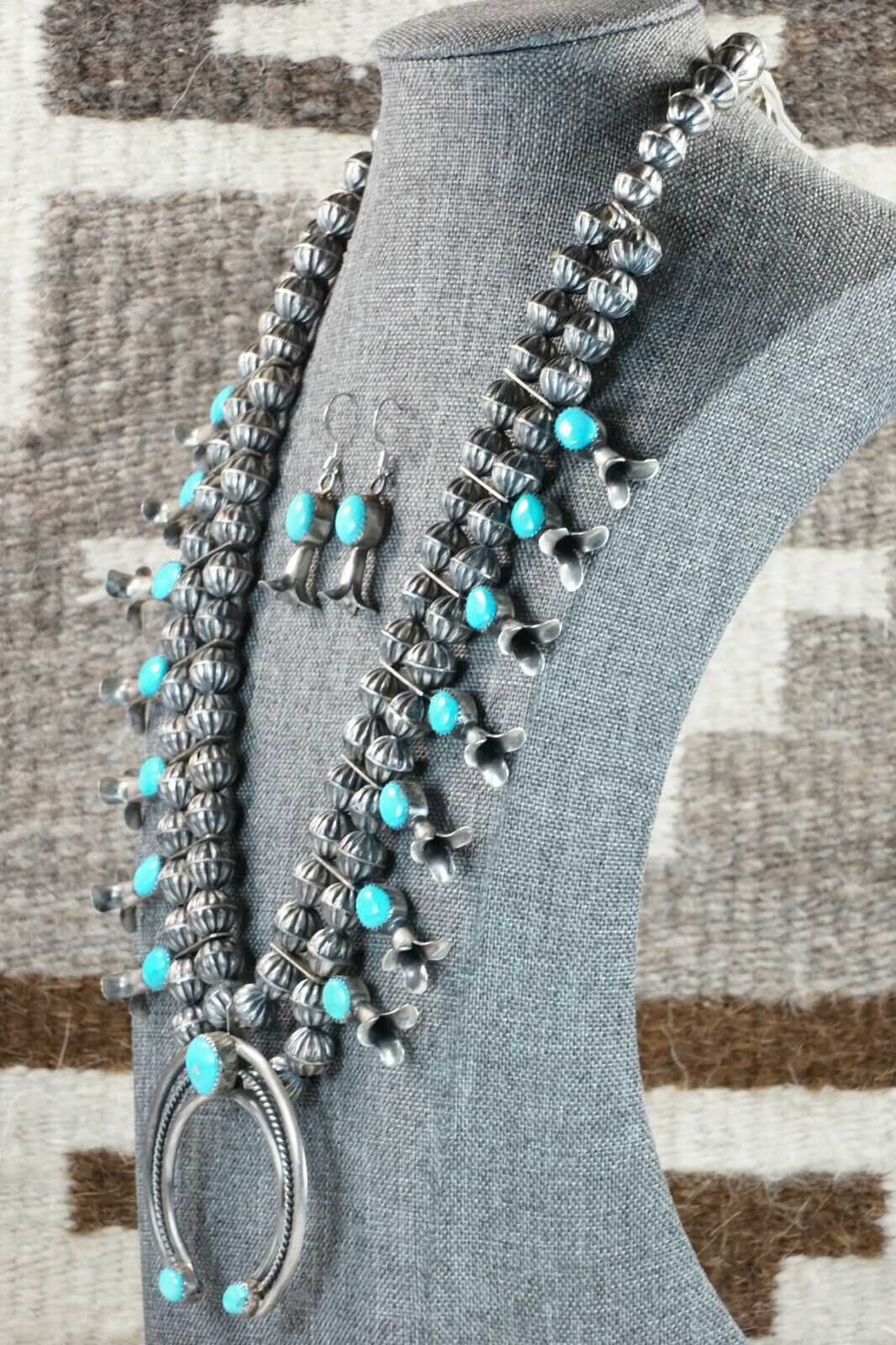 Turquoise & Sterling Silver Squash Blossom & Earrings - Leon Kirlie