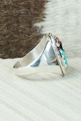 Turquoise, Coral & Sterling Silver Ring - Joy Calabaza - Size 10