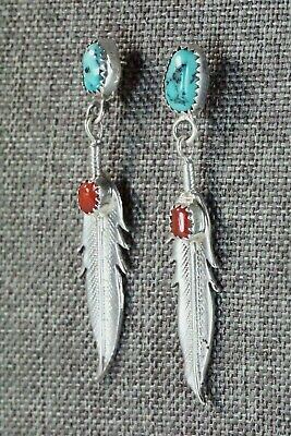 Navajo Turquoise, Coral & Sterling Silver Earrings - Annie Spencer
